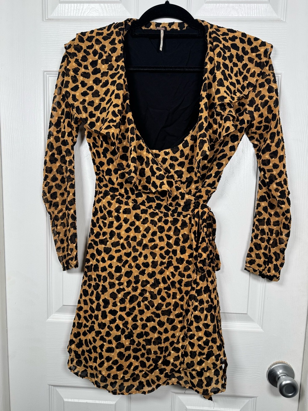 Free People Leopard Print Dot Wrap Mini Dress XS Long Sleeve